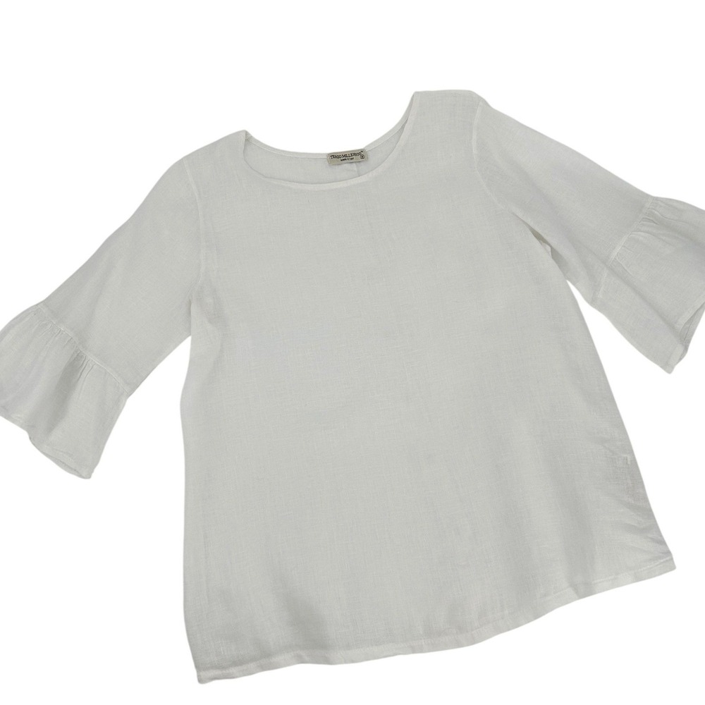 Terzo Millennio White 100% Linen Ruffle Bell Sleeve Blouse Top Made in Italy M